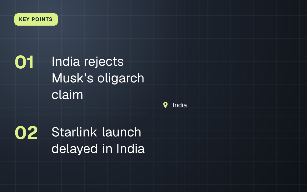 KEY POINTS. India rejects Musk’s oligarch claim; Starlink launch delayed in India. India.
