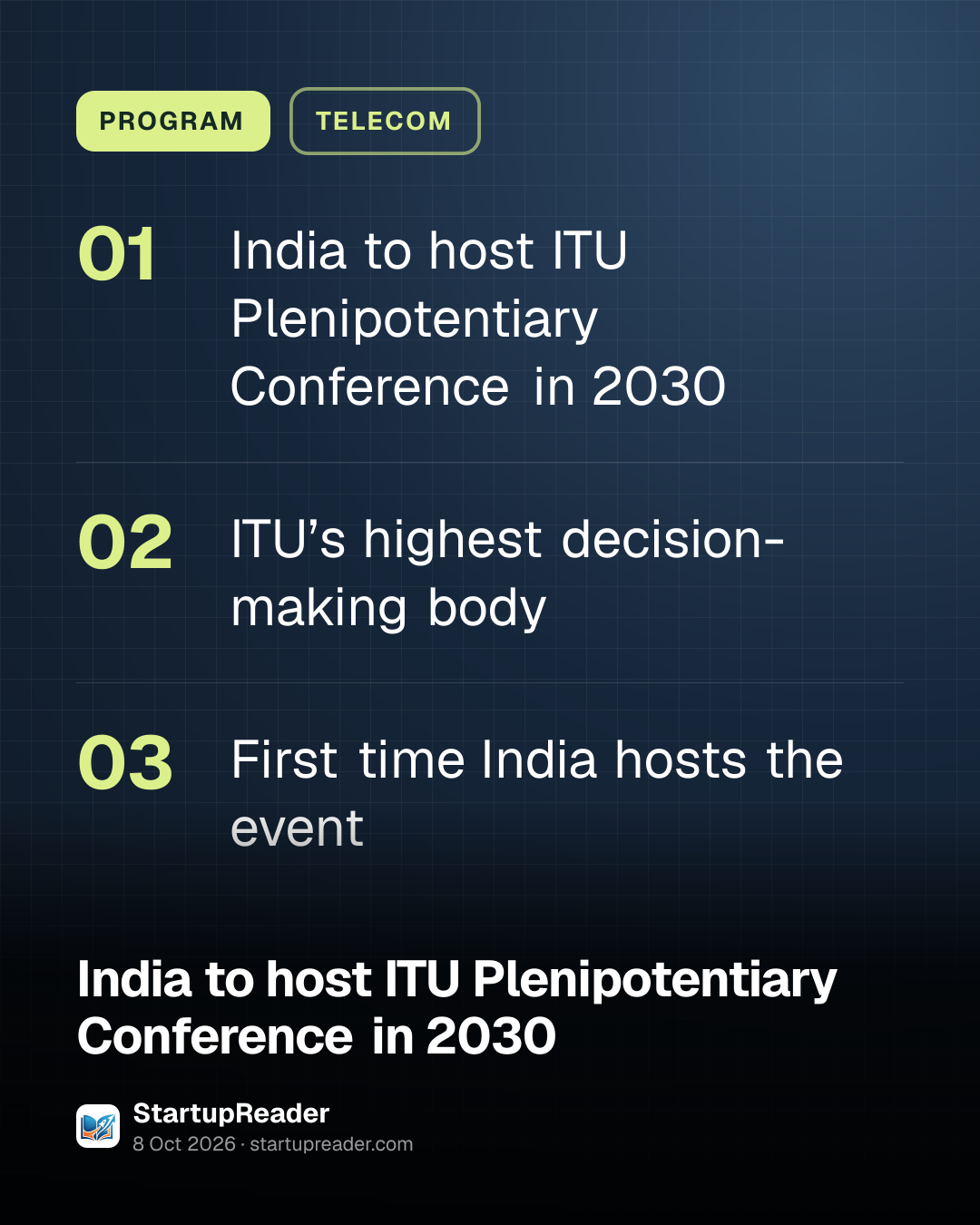 PROGRAM. India to host ITU Plenipotentiary Conference in 2030; ITU’s highest decision-making body; First time India hosts the event.
