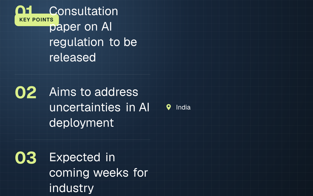KEY POINTS. Consultation paper on AI regulation to be released; Aims to address uncertainties in AI deployment; Expected in coming weeks for industry feedback. India.
