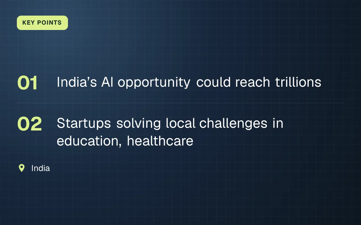 KEY POINTS. India’s AI opportunity could reach trillions; Startups solving local challenges in education, healthcare. India.