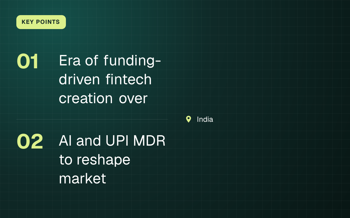 KEY POINTS. Era of funding-driven fintech creation over; AI and UPI MDR to reshape market. India.