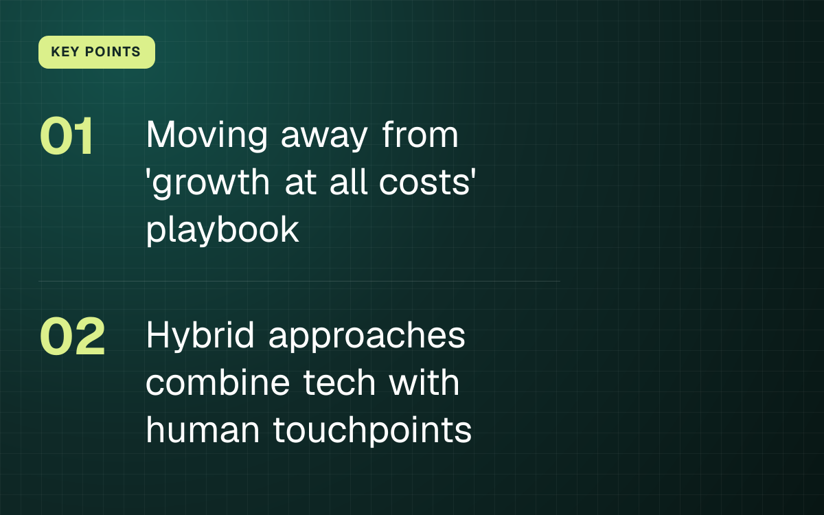 KEY POINTS. Moving away from 'growth at all costs' playbook; Hybrid approaches combine tech with human touchpoints.