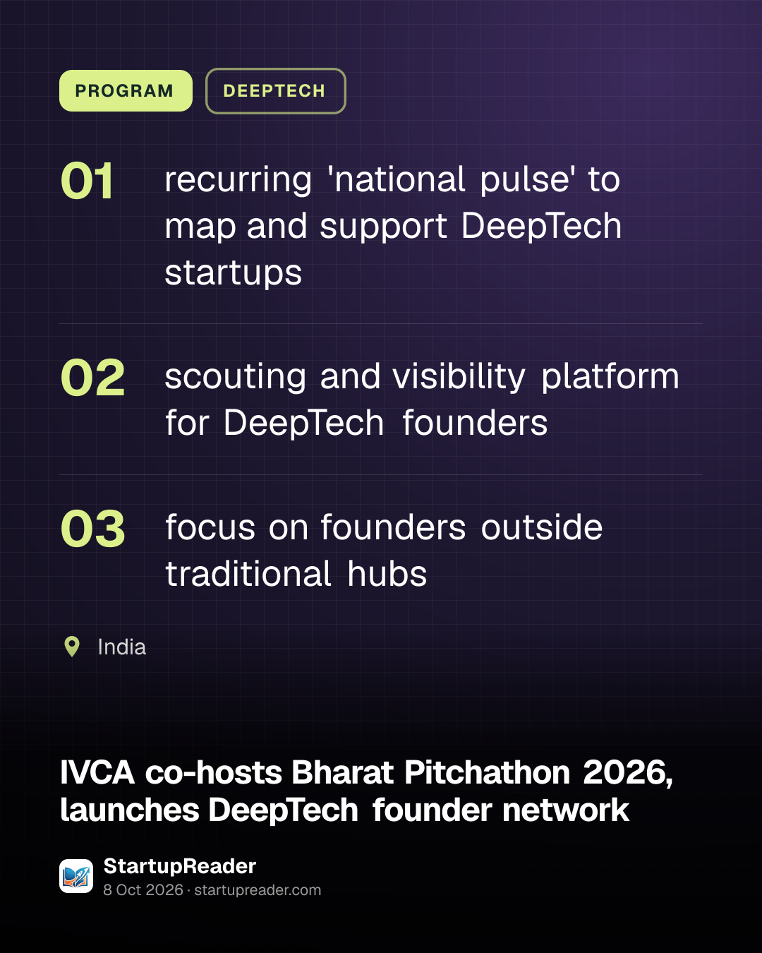 PROGRAM. recurring 'national pulse' to map and support DeepTech startups; scouting and visibility platform for DeepTech founders; focus on founders outside traditional hubs. India.