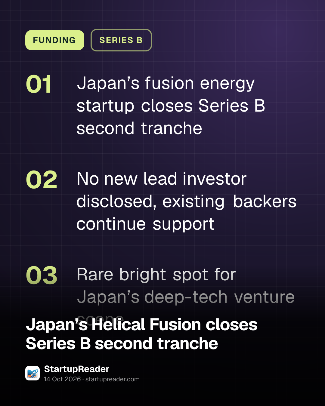 FUNDING. Japan’s fusion energy startup closes Series B second tranche; No new lead investor disclosed, existing backers continue support; Rare bright spot for Japan’s deep-tech venture scene.