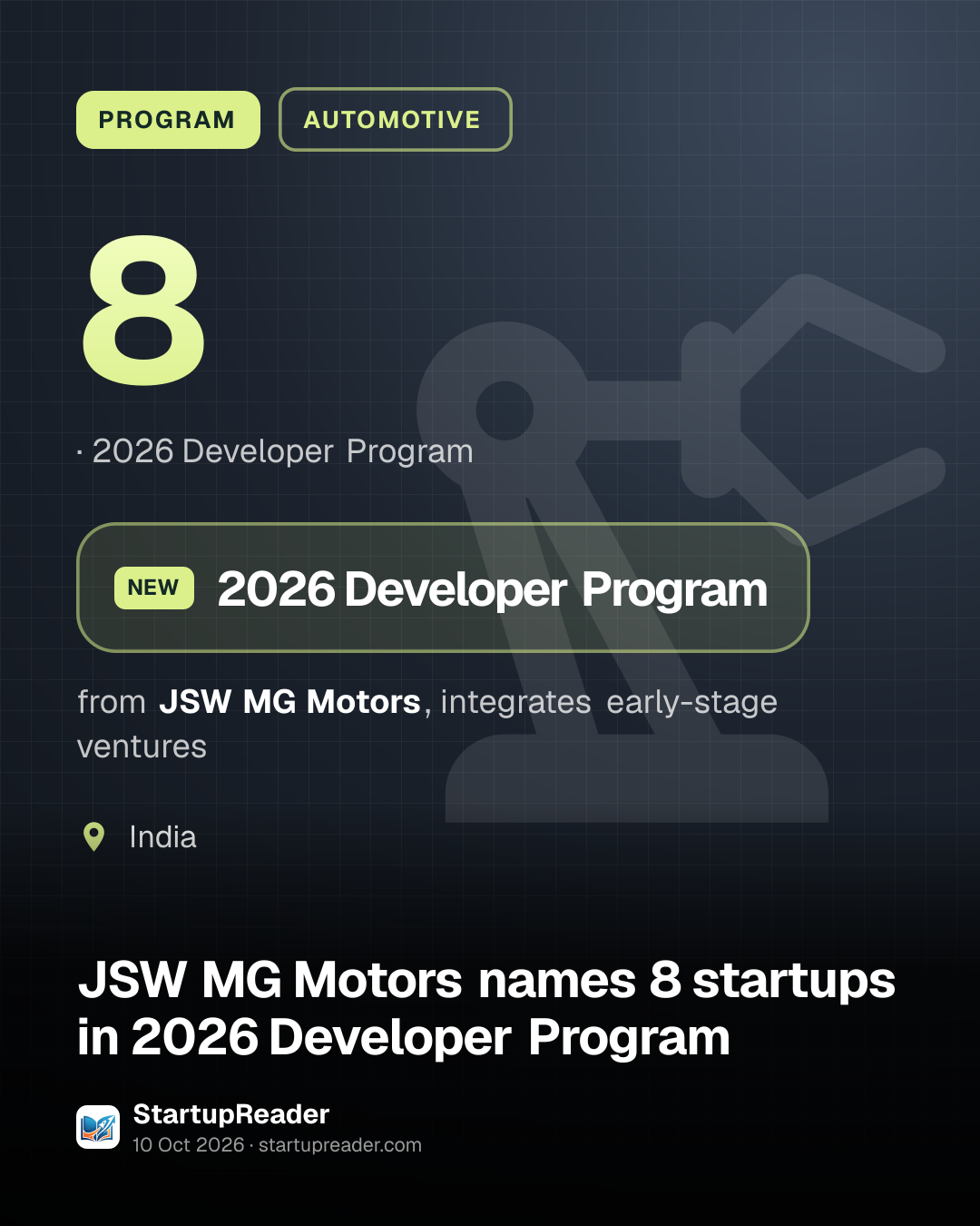 PROGRAM. 8, 2026 Developer Program. 2026 Developer Program from JSW MG Motors, integrates early-stage ventures. India.