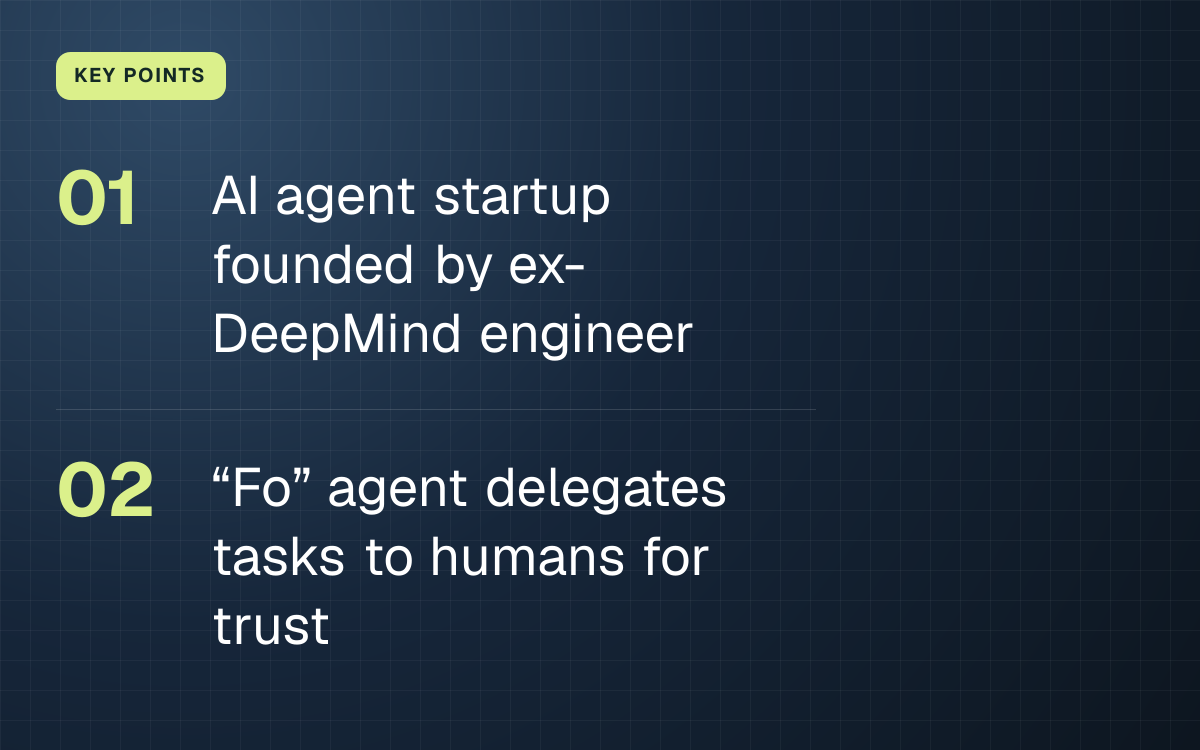 KEY POINTS. AI agent startup founded by ex-DeepMind engineer; “Fo” agent delegates tasks to humans for trust.