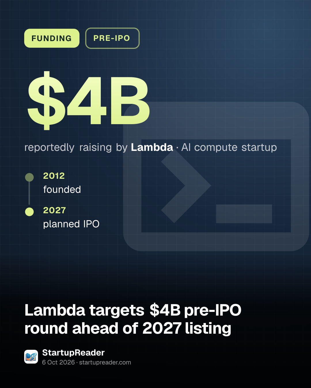 FUNDING. $4B reportedly raising by Lambda, AI compute startup. 2012: founded; 2027: planned IPO.