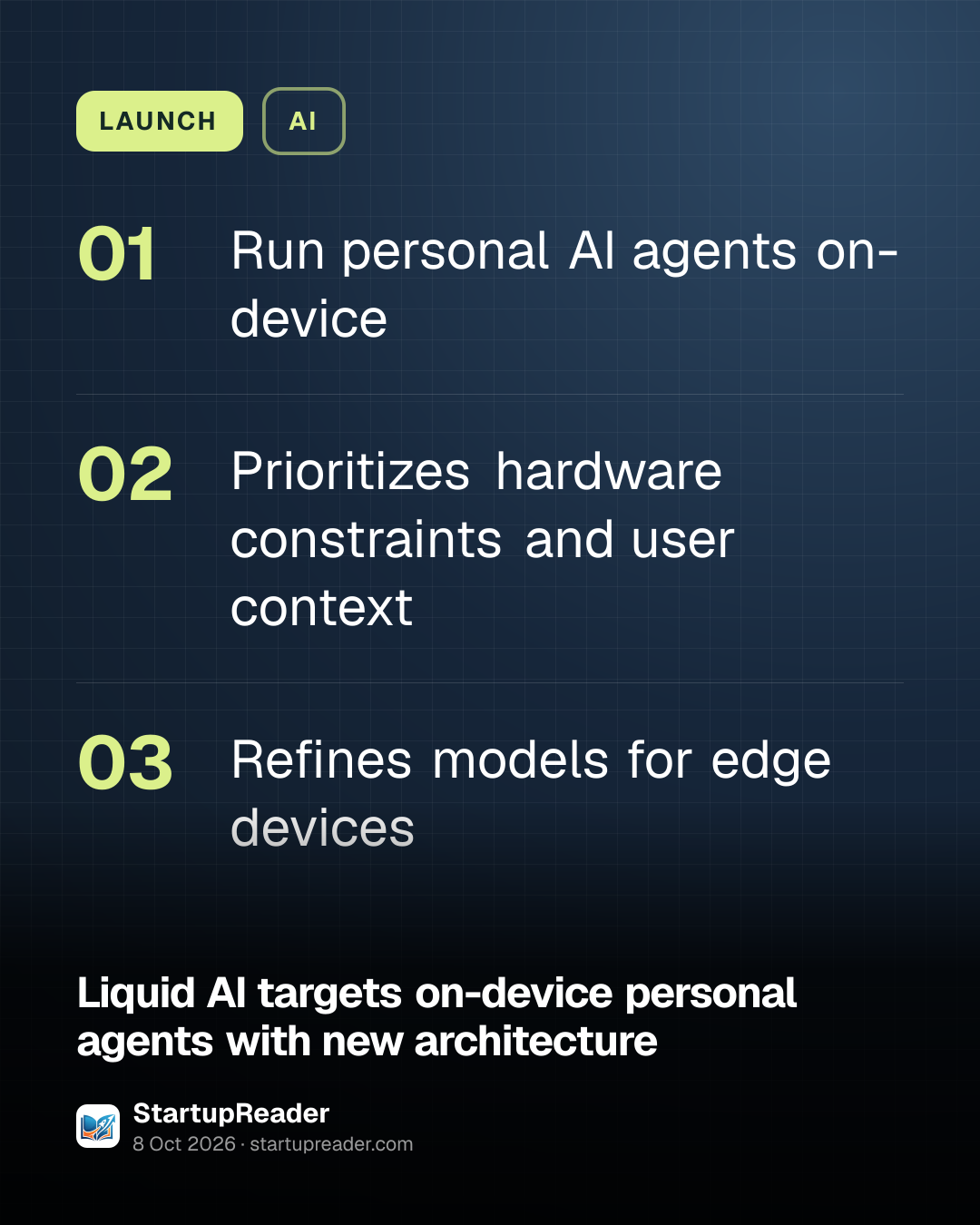 LAUNCH. Run personal AI agents on-device; Prioritizes hardware constraints and user context; Refines models for edge devices.