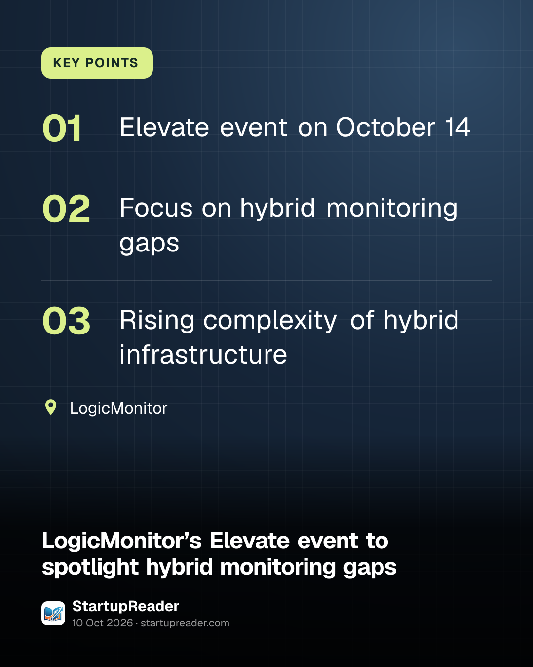 KEY POINTS. Elevate event on October 14; Focus on hybrid monitoring gaps; Rising complexity of hybrid infrastructure. LogicMonitor.
