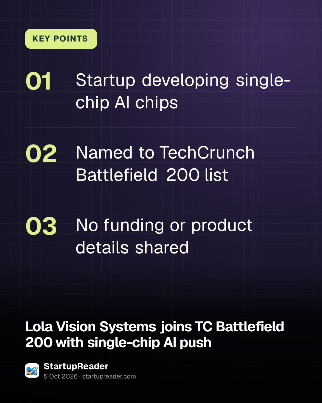 KEY POINTS. Startup developing single-chip AI chips; Named to TechCrunch Battlefield 200 list; No funding or product details shared.
