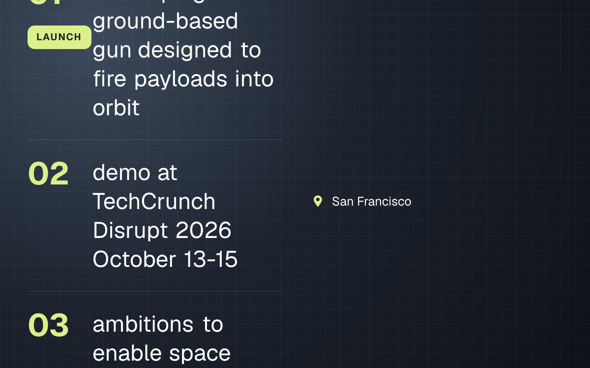 LAUNCH. developing a ground-based gun designed to fire payloads into orbit; demo at TechCrunch Disrupt 2026 October 13-15; ambitions to enable space data centers without rockets. San Francisco.