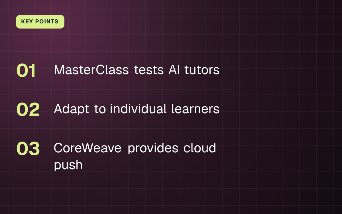 KEY POINTS. MasterClass tests AI tutors; Adapt to individual learners; CoreWeave provides cloud push.