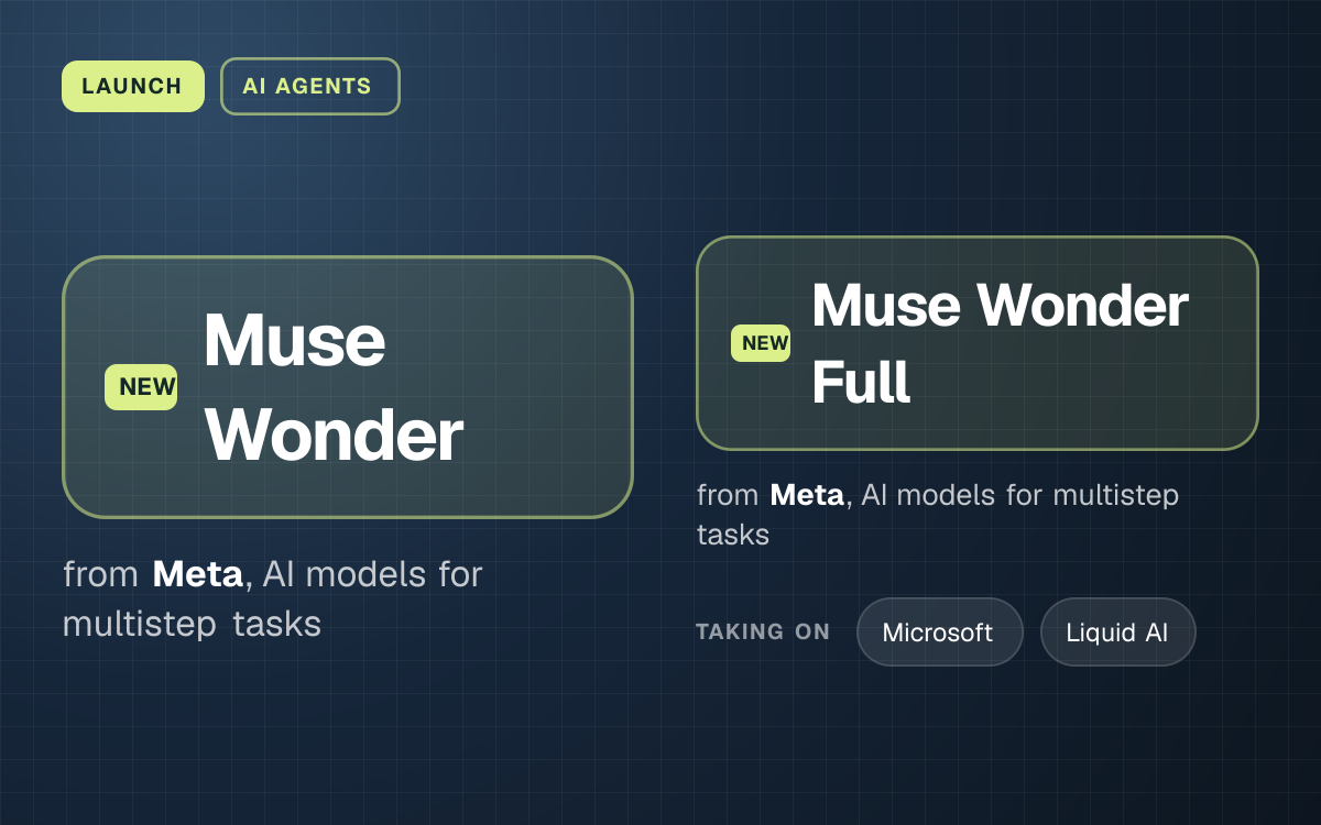 LAUNCH. Muse Wonder from Meta, AI models for multistep tasks. Muse Wonder Full from Meta, AI models for multistep tasks. taking on: Microsoft, Liquid AI.