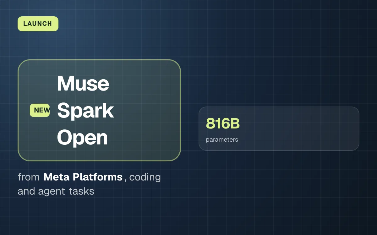 LAUNCH. Muse Spark Open from Meta Platforms, coding and agent tasks. 816B parameters.
