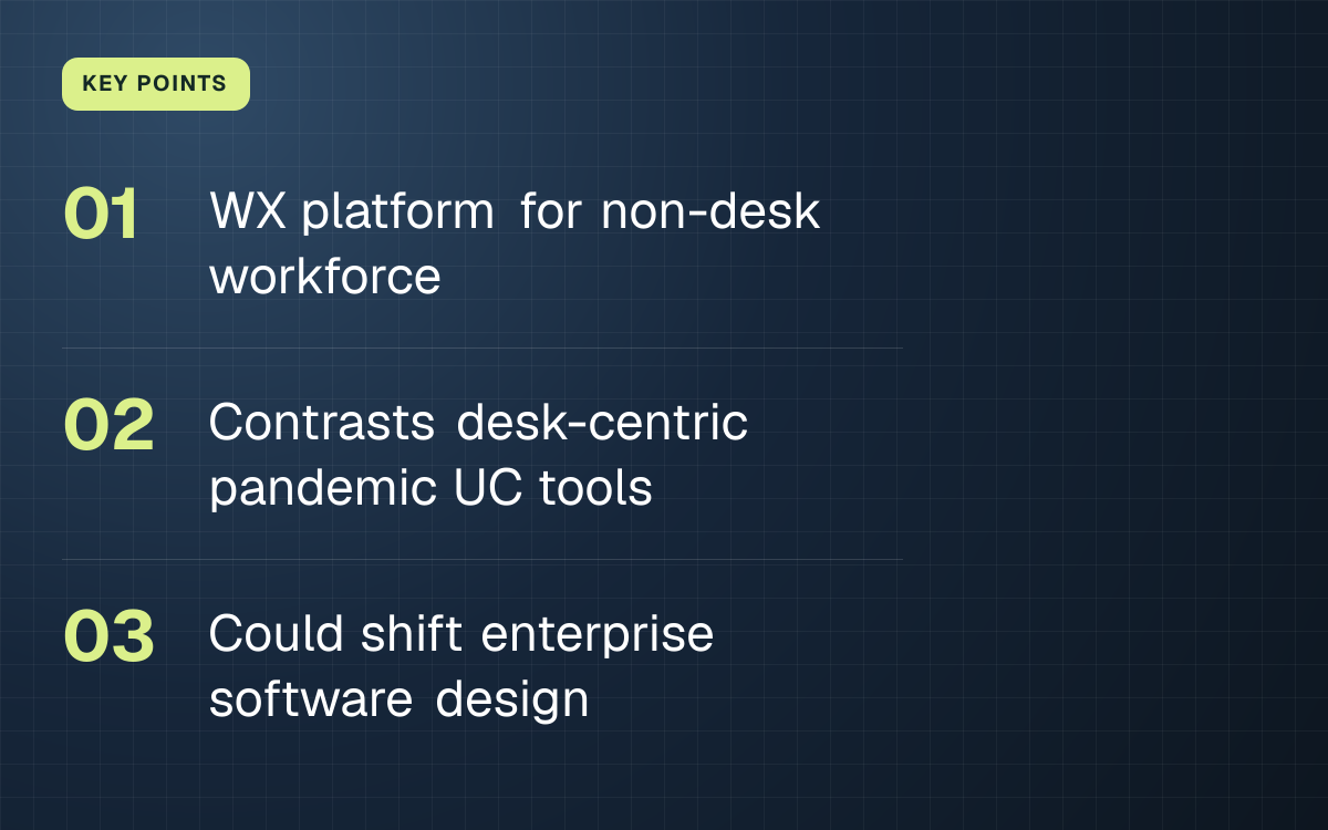 KEY POINTS. WX platform for non-desk workforce; Contrasts desk-centric pandemic UC tools; Could shift enterprise software design.