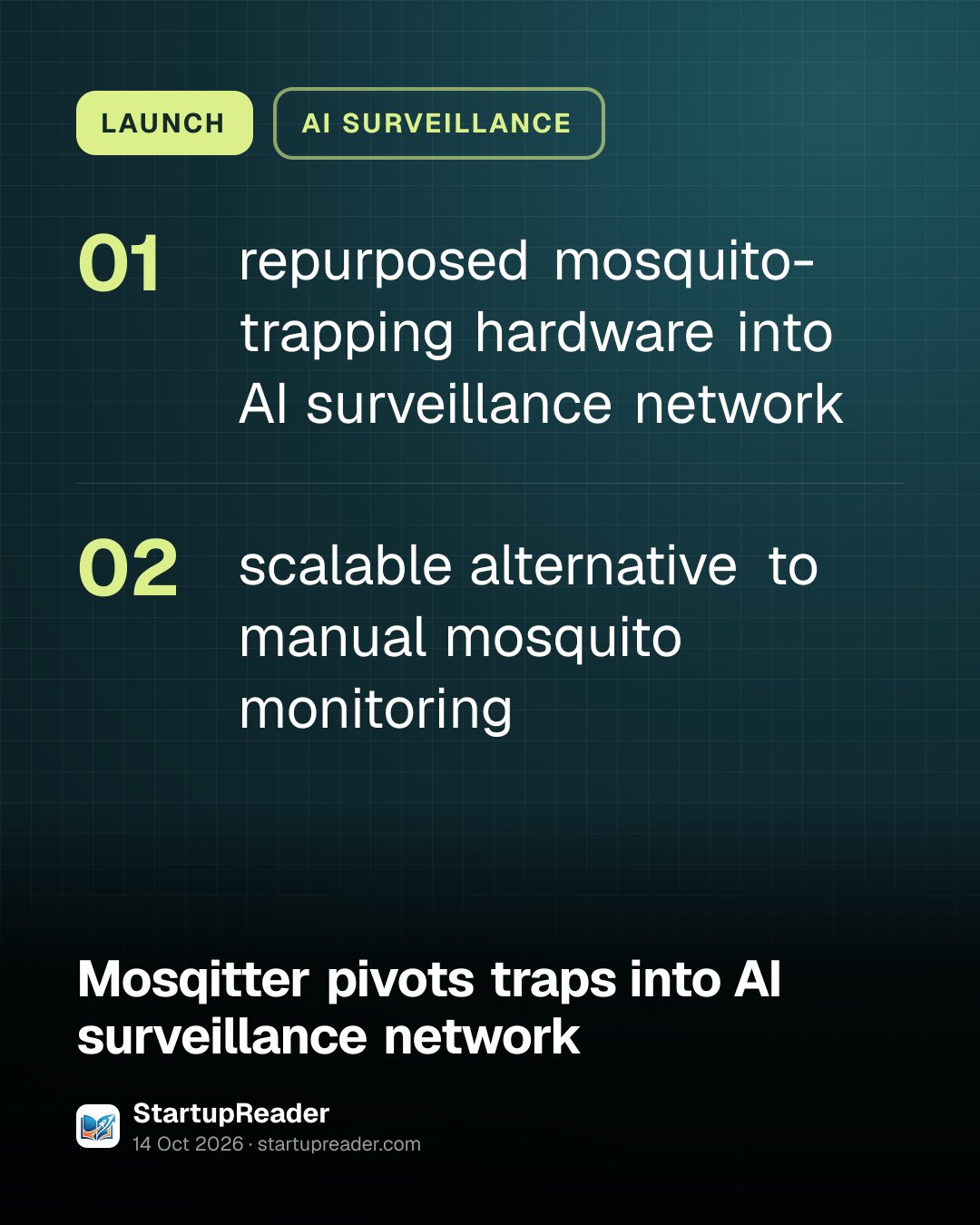 LAUNCH. repurposed mosquito-trapping hardware into AI surveillance network; scalable alternative to manual mosquito monitoring.