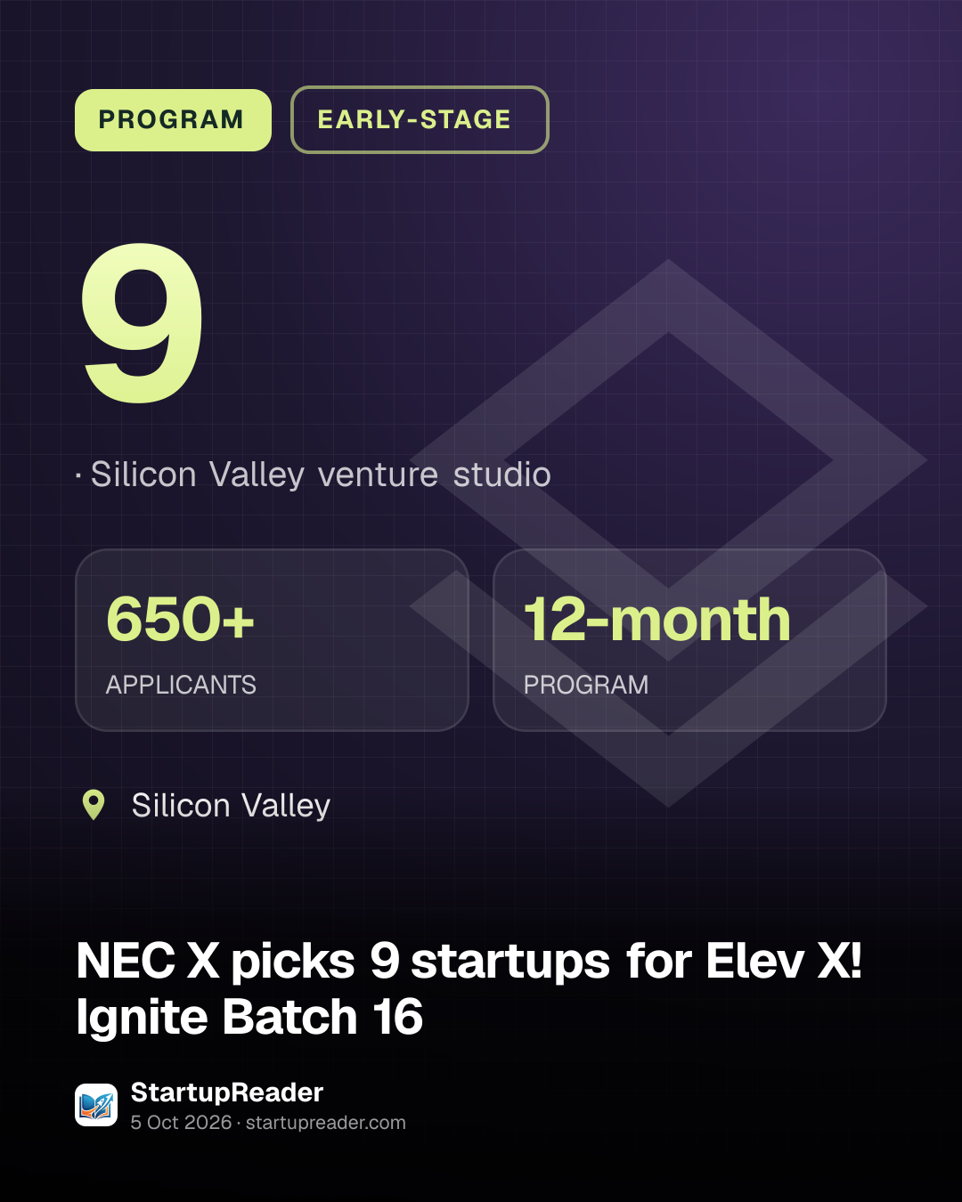 PROGRAM. 9, Silicon Valley venture studio. 650+ APPLICANTS, 12-month PROGRAM. Silicon Valley.