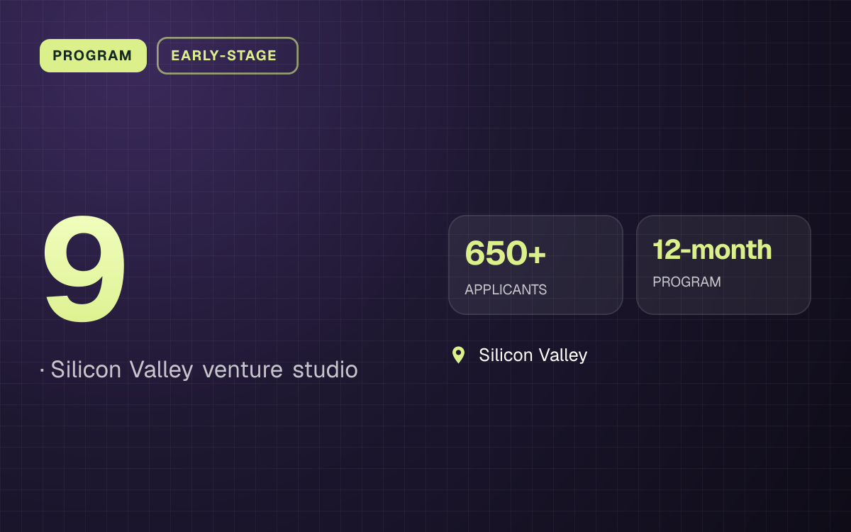 PROGRAM. 9, Silicon Valley venture studio. 650+ APPLICANTS, 12-month PROGRAM. Silicon Valley.
