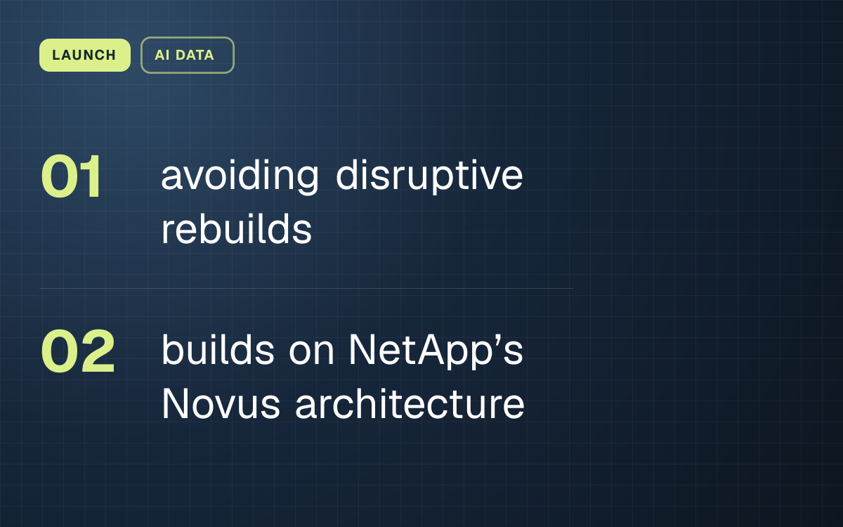 LAUNCH. avoiding disruptive rebuilds; builds on NetApp’s Novus architecture.