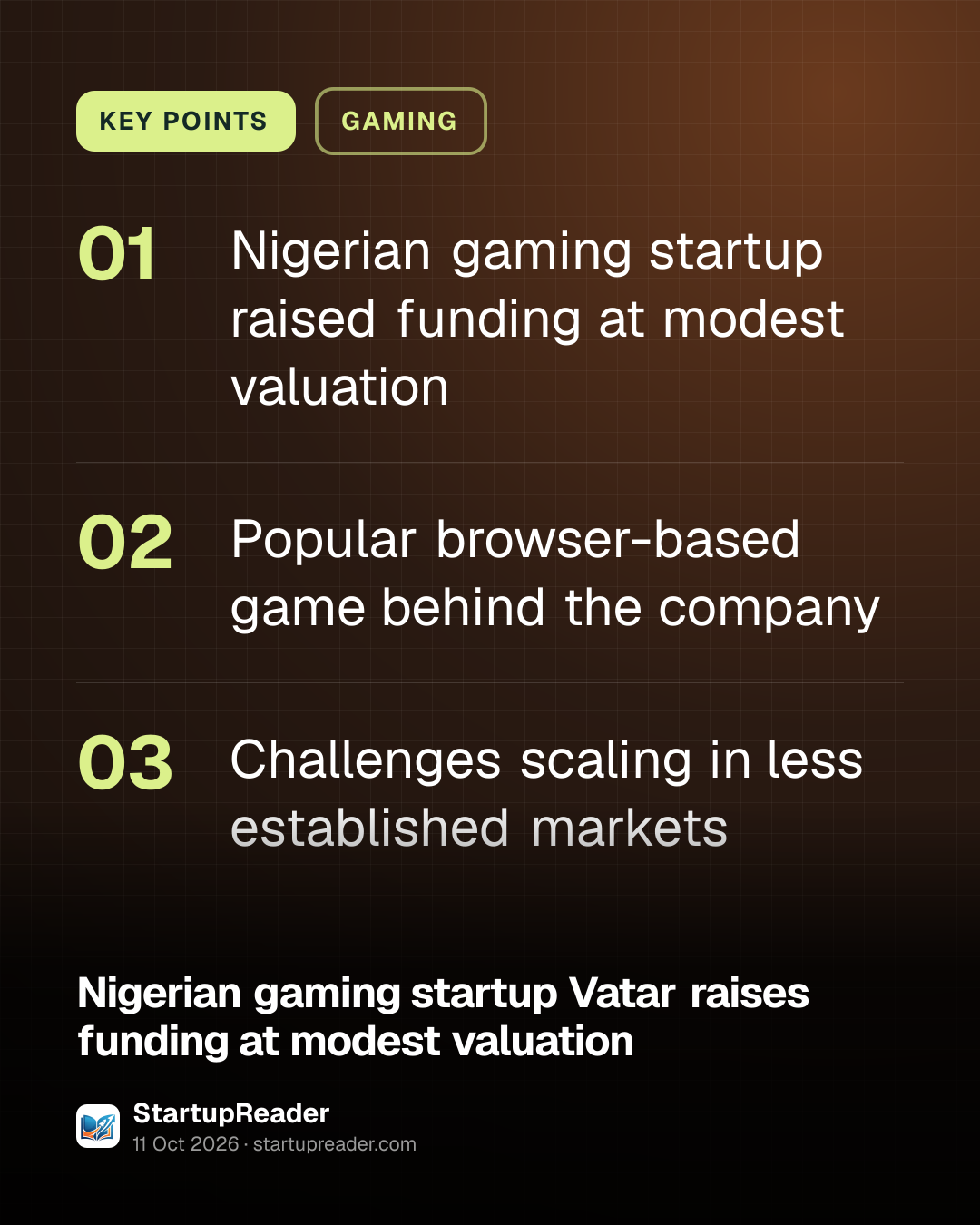 KEY POINTS. Nigerian gaming startup raised funding at modest valuation; Popular browser-based game behind the company; Challenges scaling in less established markets.