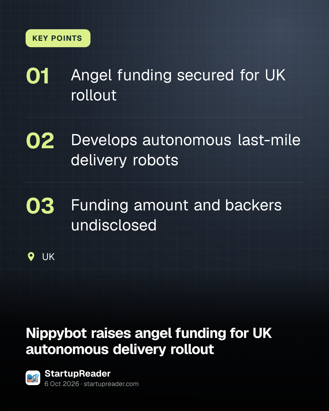 KEY POINTS. Angel funding secured for UK rollout; Develops autonomous last-mile delivery robots; Funding amount and backers undisclosed. UK.