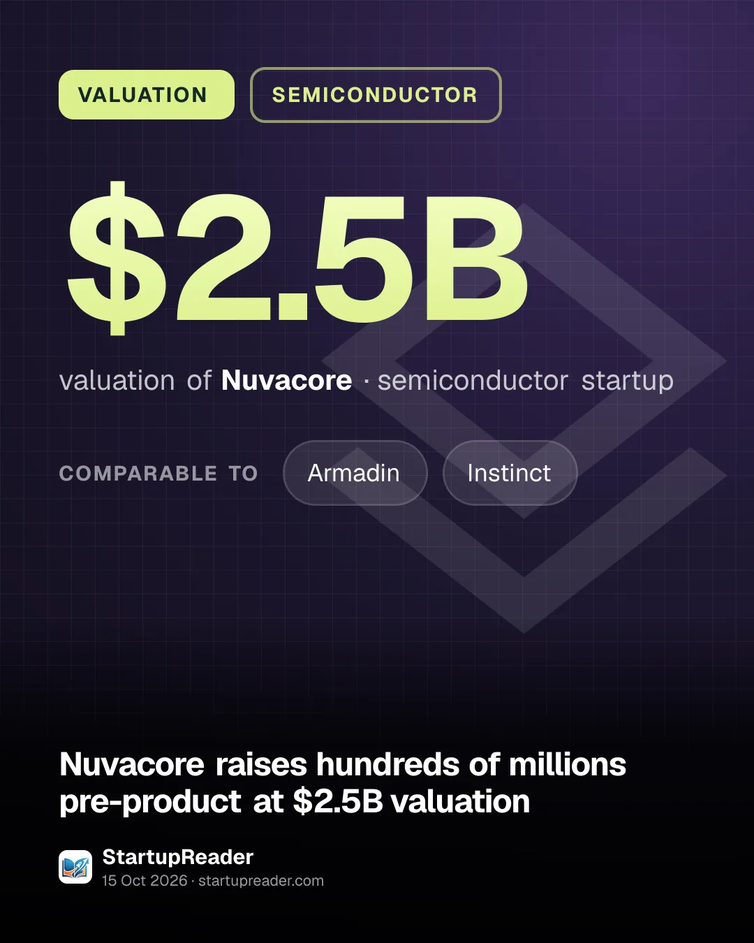 VALUATION. $2.5B valuation of Nuvacore, semiconductor startup. comparable to: Armadin, Instinct.