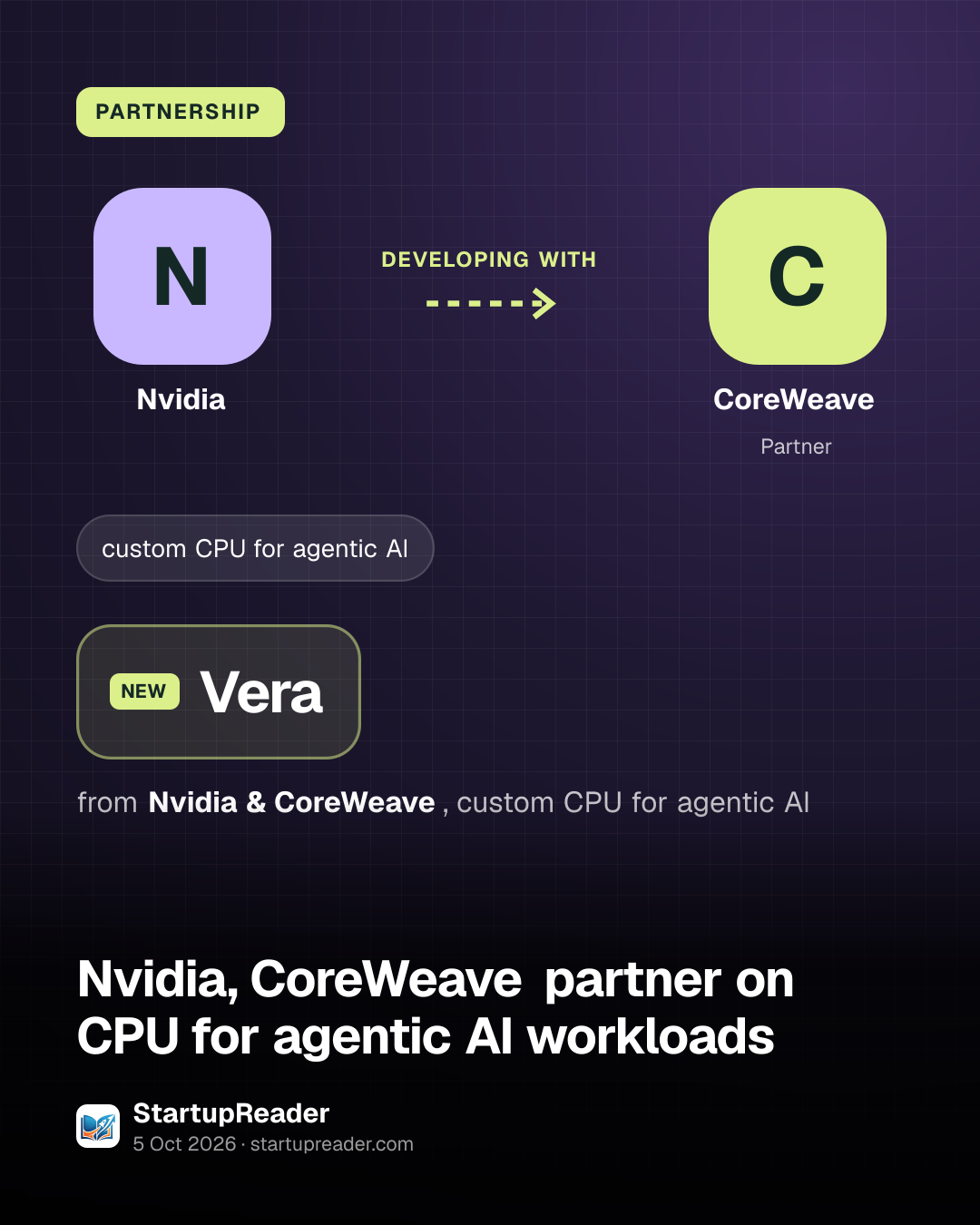 PARTNERSHIP. Nvidia developing with CoreWeave. Vera from Nvidia & CoreWeave, custom CPU for agentic AI.
