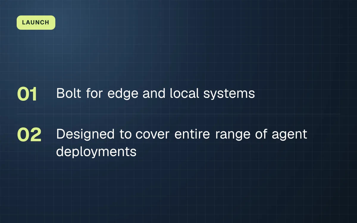 LAUNCH. Bolt for edge and local systems; Designed to cover entire range of agent deployments.