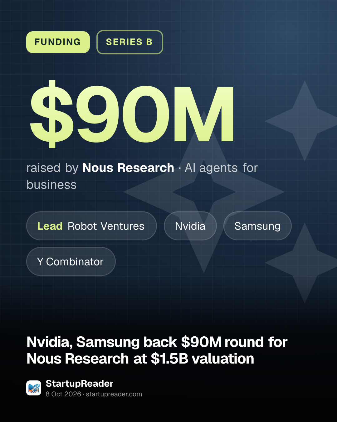 FUNDING. $90M raised by Nous Research, AI agents for business. led by Robot Ventures, Nvidia, Samsung, Y Combinator.