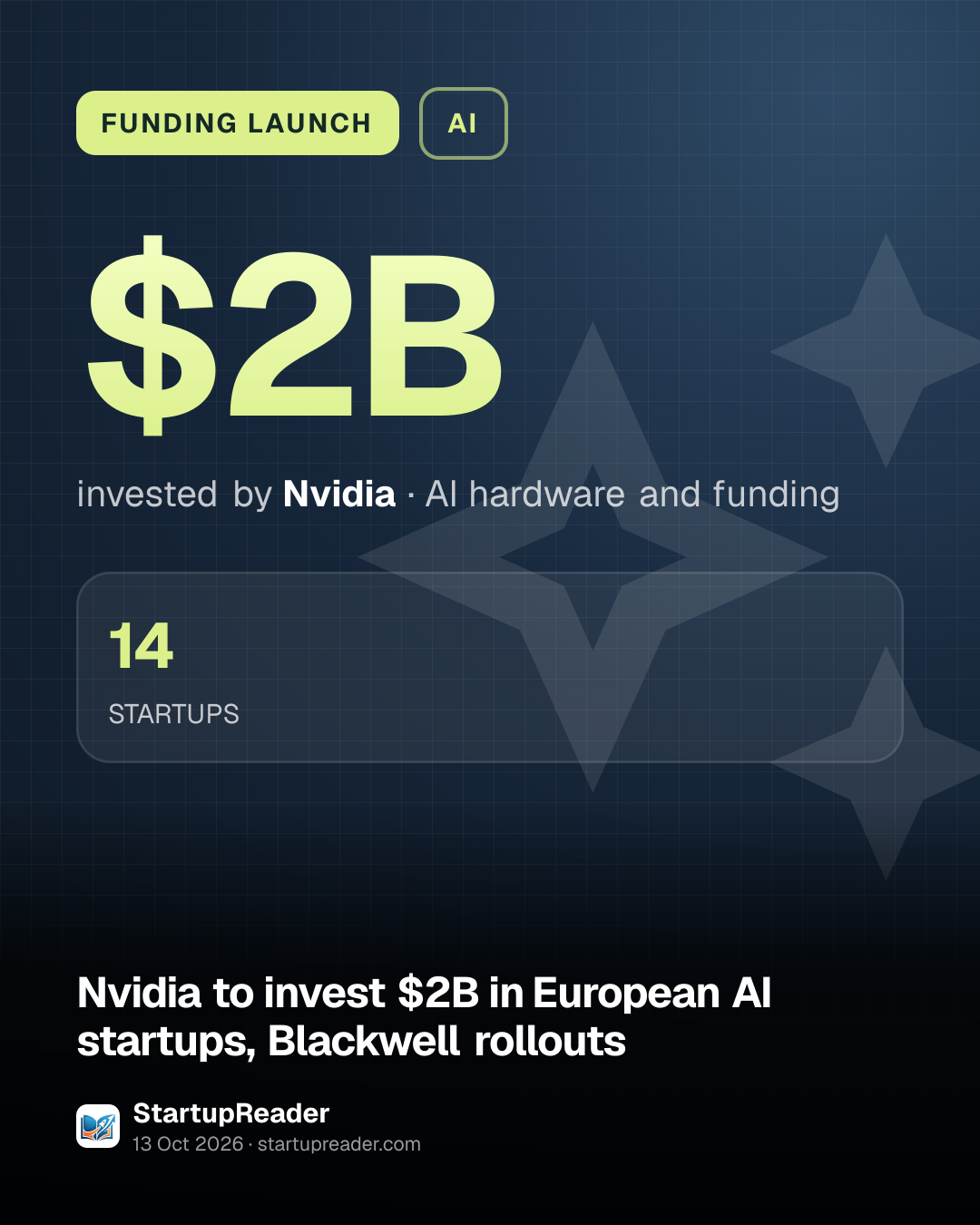 FUNDING LAUNCH. $2B invested by Nvidia, AI hardware and funding. 14 STARTUPS.