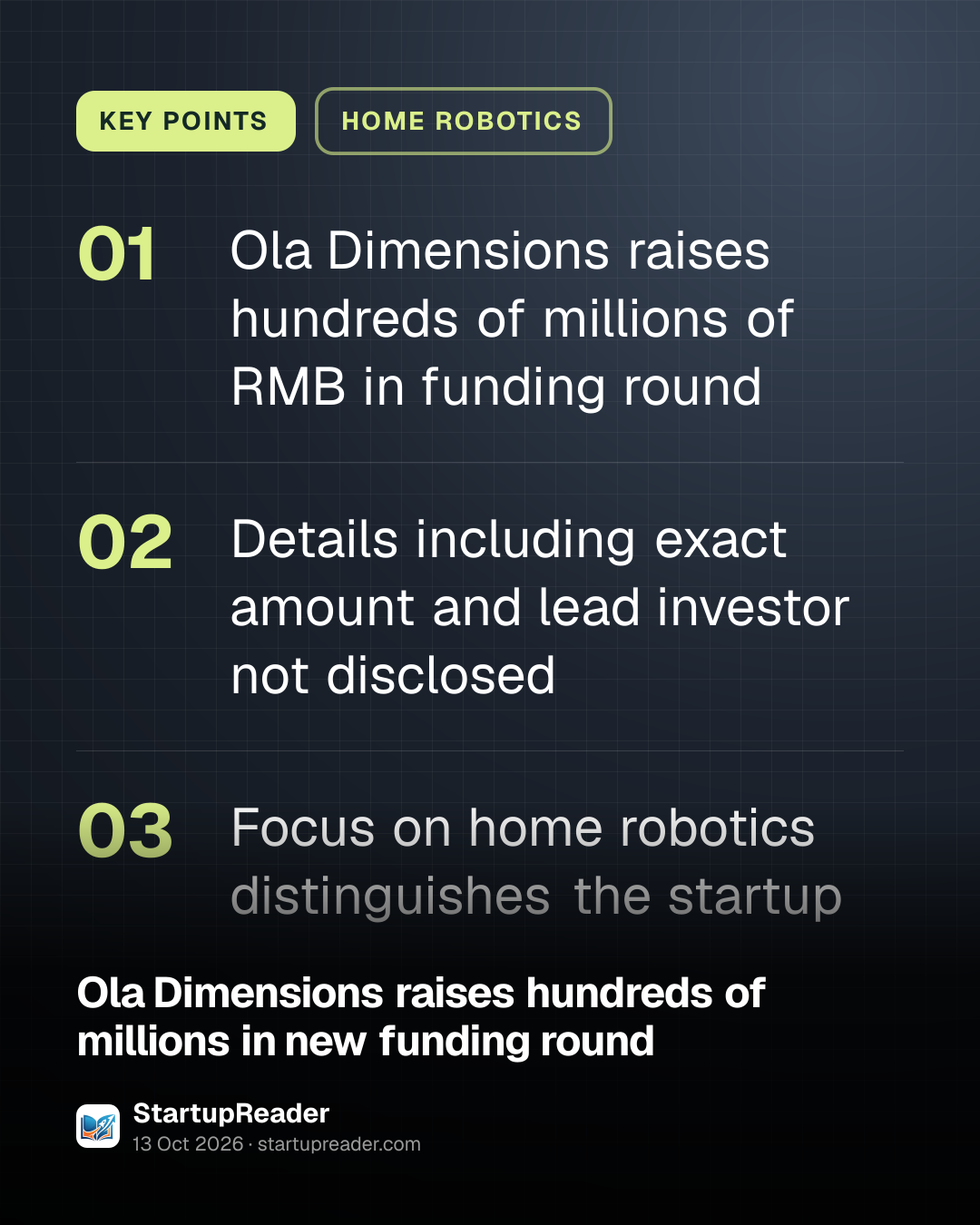KEY POINTS. Ola Dimensions raises hundreds of millions of RMB in funding round; Details including exact amount and lead investor not disclosed; Focus on home robotics distinguishes the startup.