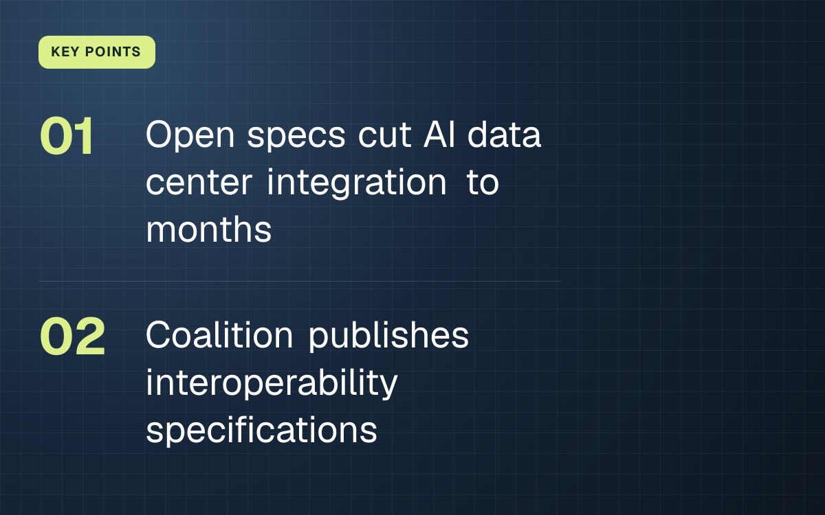 KEY POINTS. Open specs cut AI data center integration to months; Coalition publishes interoperability specifications.