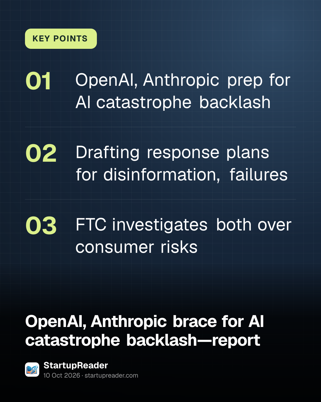 KEY POINTS. OpenAI, Anthropic prep for AI catastrophe backlash; Drafting response plans for disinformation, failures; FTC investigates both over consumer risks.