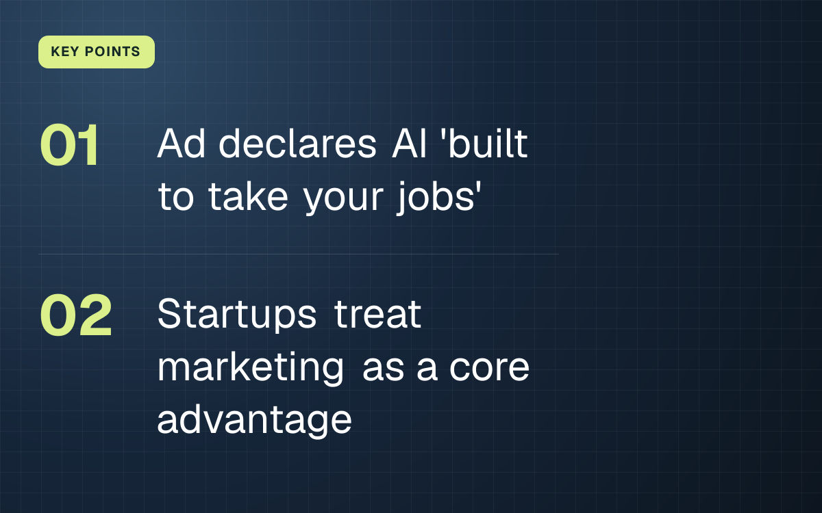 KEY POINTS. Ad declares AI 'built to take your jobs'; Startups treat marketing as a core advantage.