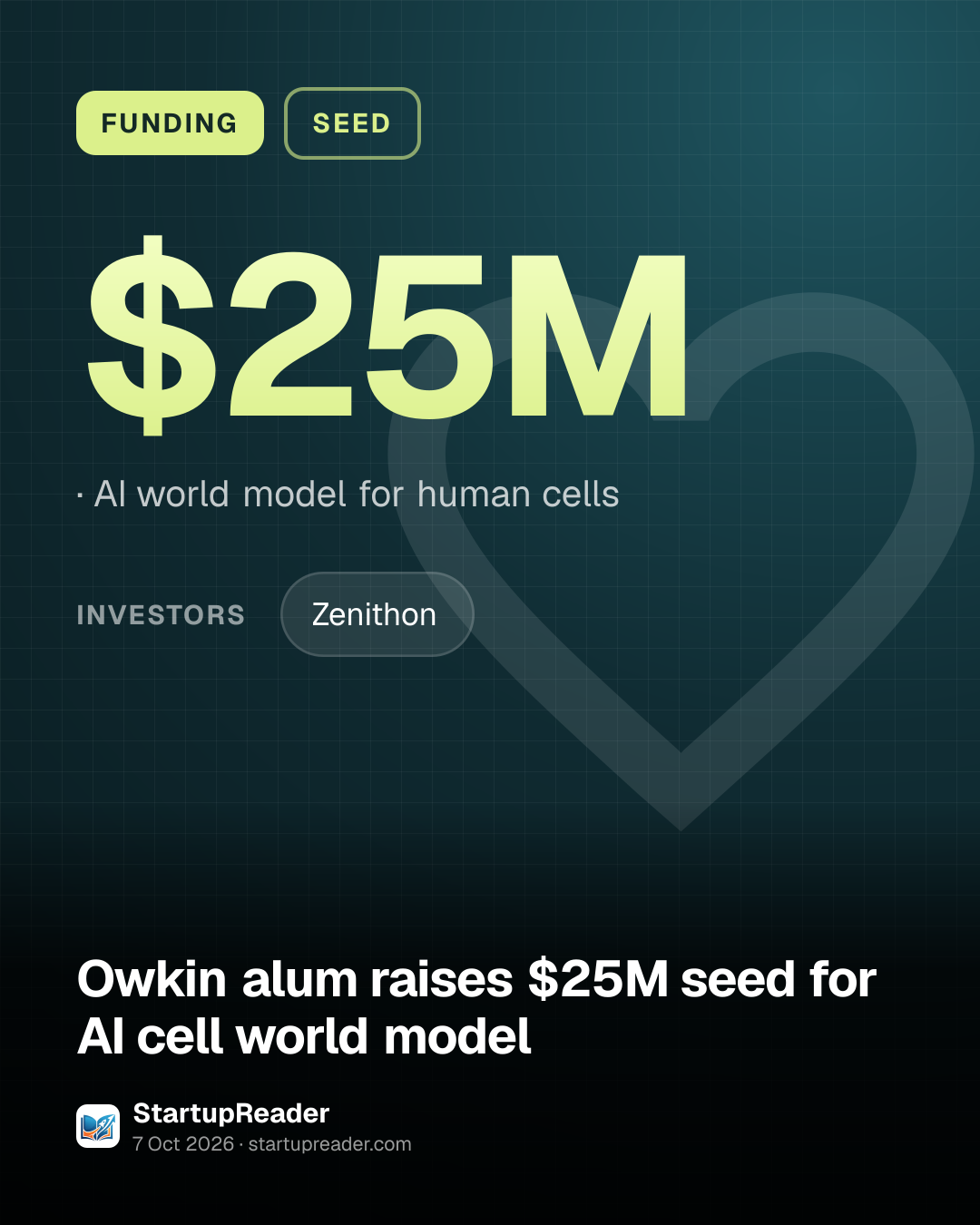 FUNDING. $25M, AI world model for human cells. investors: Zenithon.