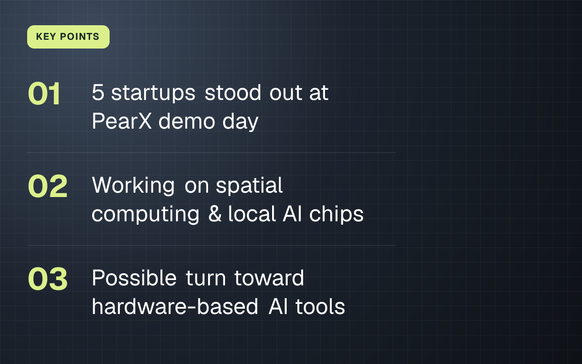 KEY POINTS. 5 startups stood out at PearX demo day; Working on spatial computing & local AI chips; Possible turn toward hardware-based AI tools.