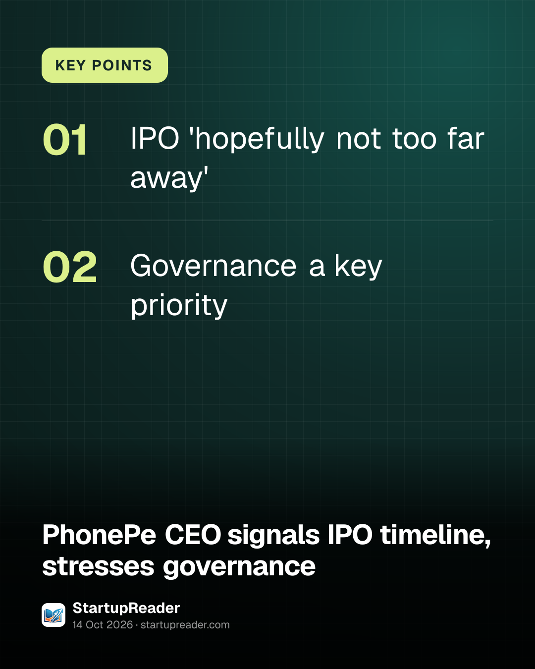 KEY POINTS. IPO 'hopefully not too far away'; Governance a key priority.
