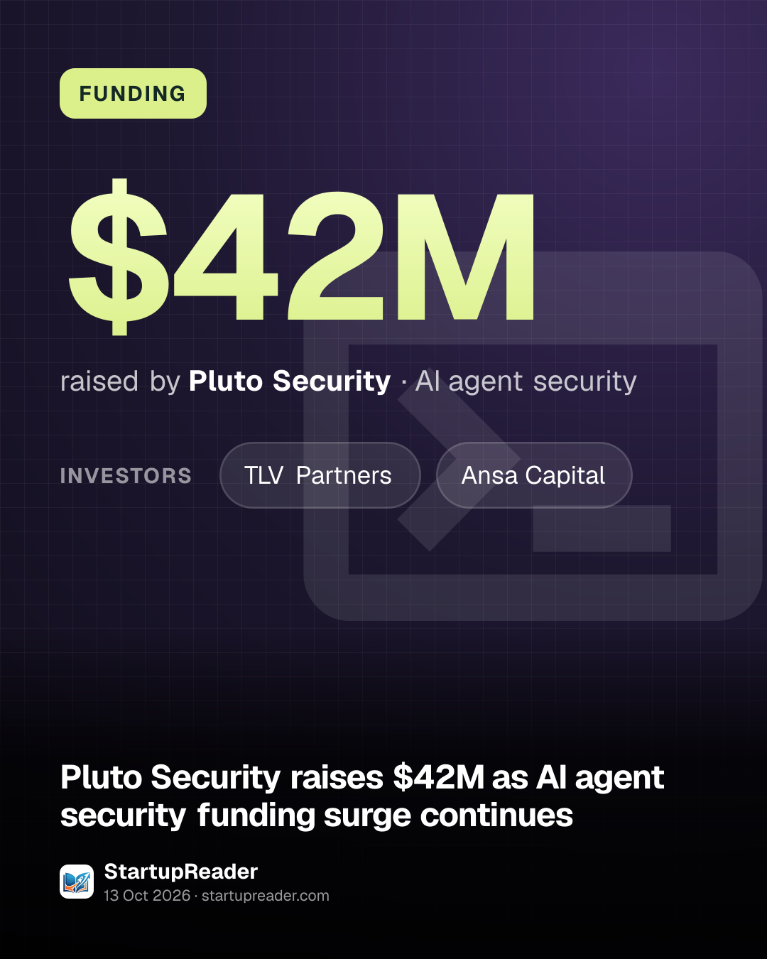 FUNDING. $42M raised by Pluto Security, AI agent security. investors: TLV Partners, Ansa Capital.