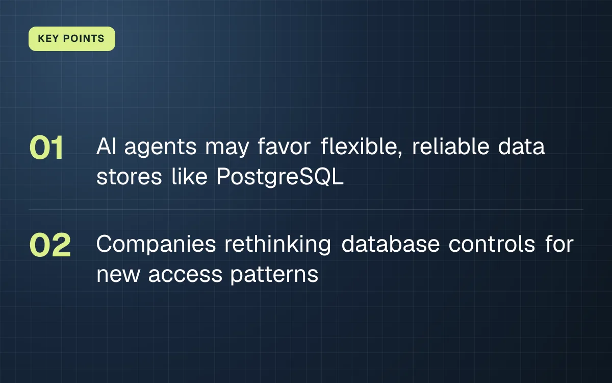 KEY POINTS. AI agents may favor flexible, reliable data stores like PostgreSQL; Companies rethinking database controls for new access patterns.