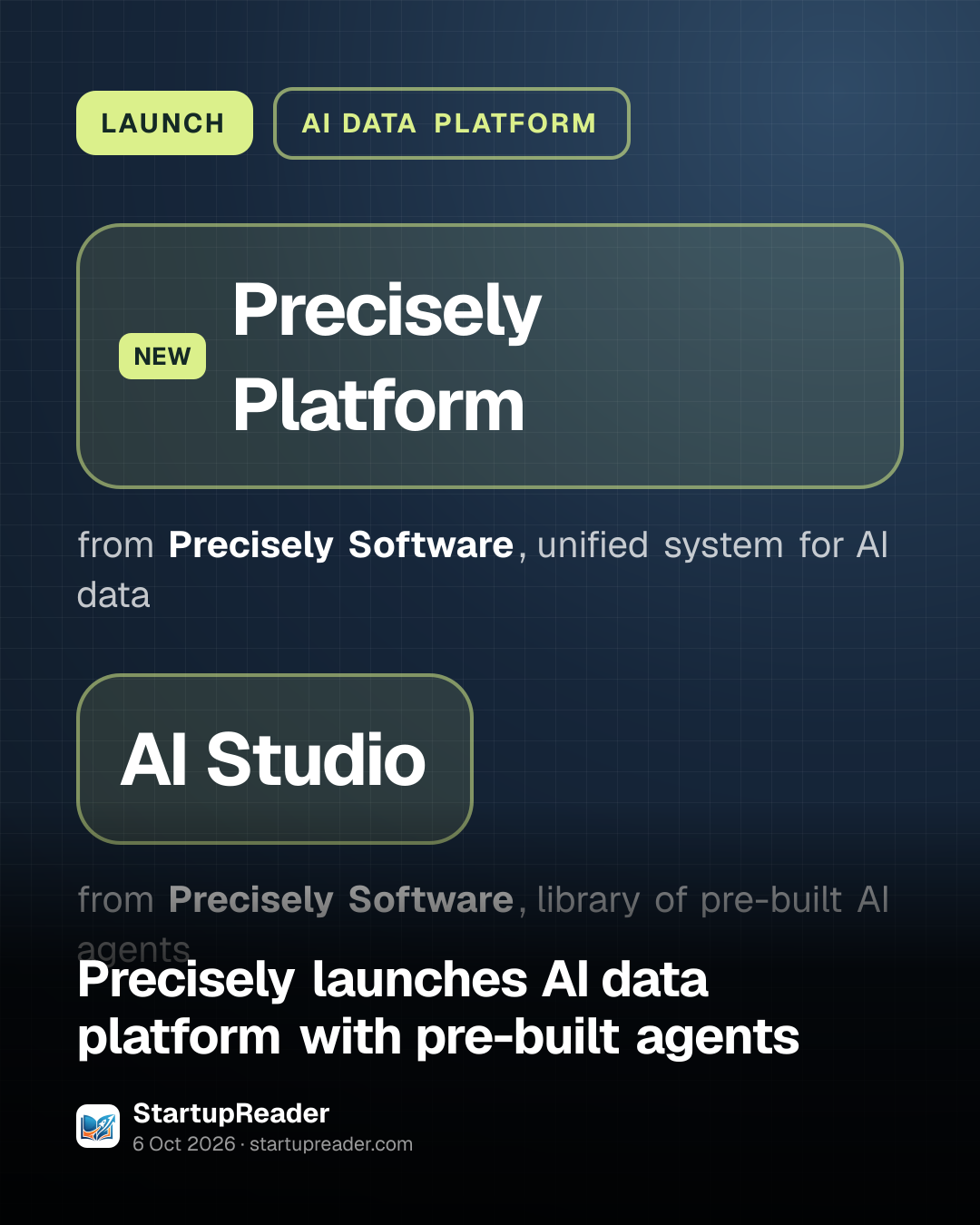 LAUNCH. Precisely Platform from Precisely Software, unified system for AI data. AI Studio from Precisely Software, library of pre-built AI agents.