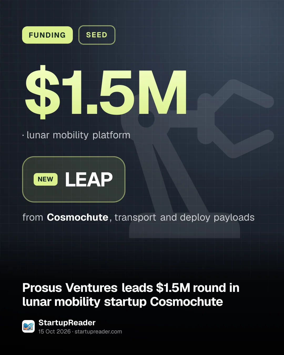 FUNDING. $1.5M, lunar mobility platform. LEAP from Cosmochute, transport and deploy payloads.