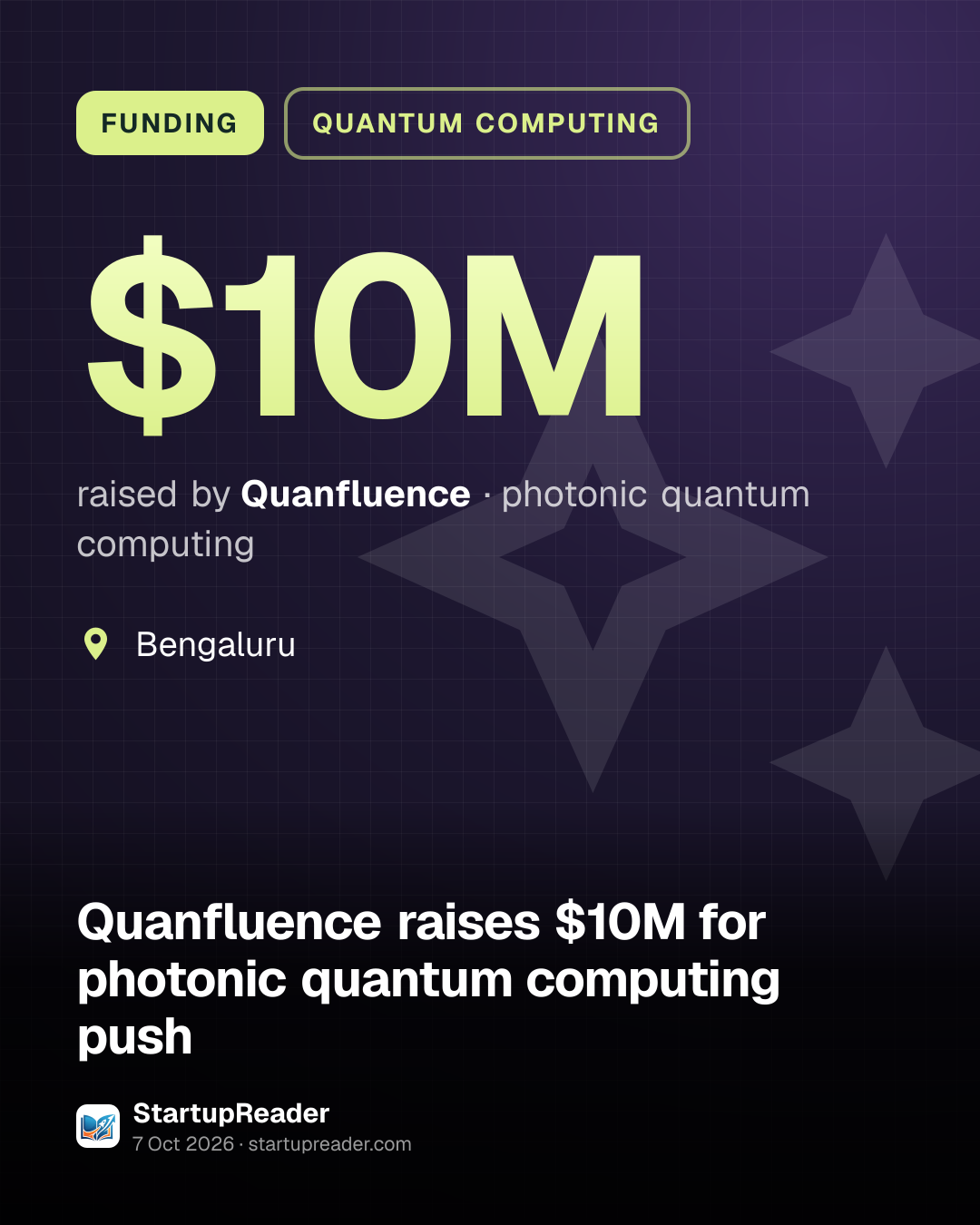 FUNDING. $10M raised by Quanfluence, photonic quantum computing. Bengaluru.