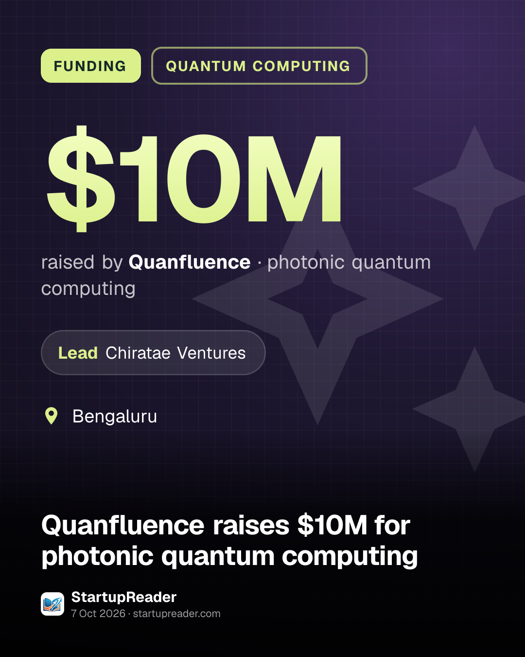 FUNDING. $10M raised by Quanfluence, photonic quantum computing. led by Chiratae Ventures. Bengaluru.