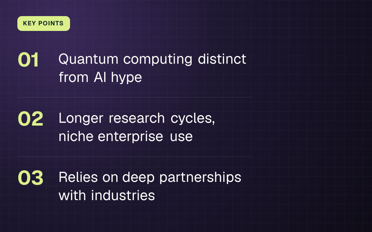 KEY POINTS. Quantum computing distinct from AI hype; Longer research cycles, niche enterprise use; Relies on deep partnerships with industries.