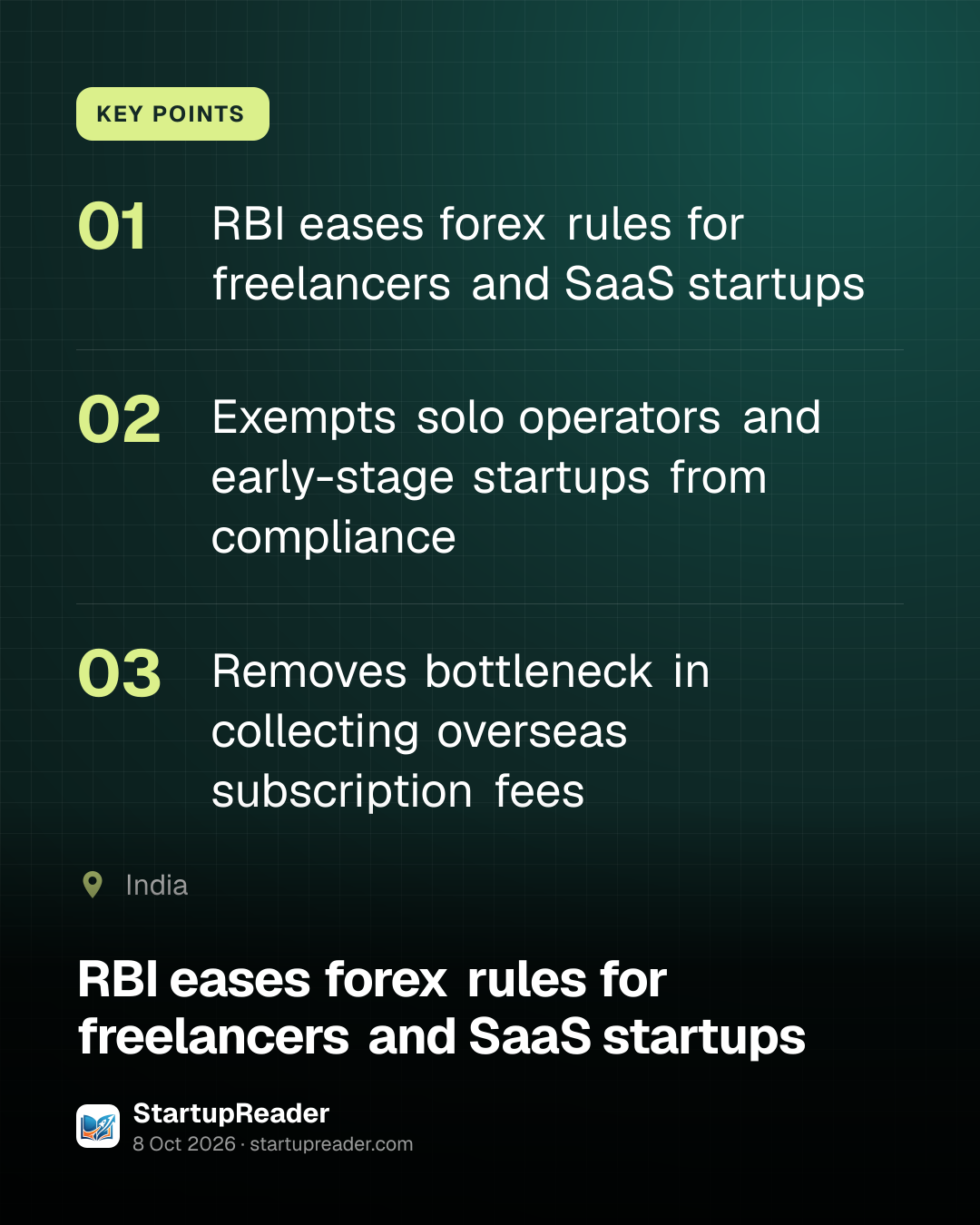 KEY POINTS. RBI eases forex rules for freelancers and SaaS startups; Exempts solo operators and early-stage startups from compliance; Removes bottleneck in collecting overseas subscription fees. India.