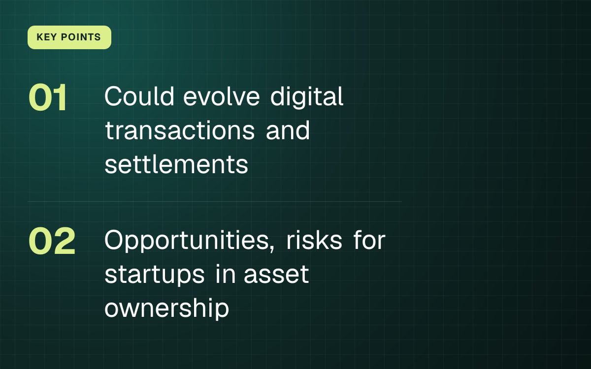 KEY POINTS. Could evolve digital transactions and settlements; Opportunities, risks for startups in asset ownership.