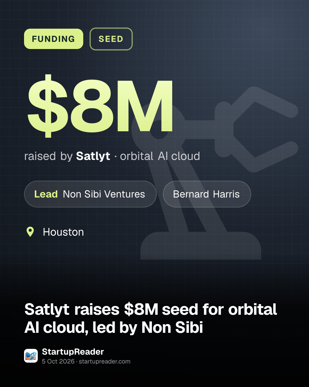 FUNDING. $8M raised by Satlyt, orbital AI cloud. led by Non Sibi Ventures, Bernard Harris. Houston.