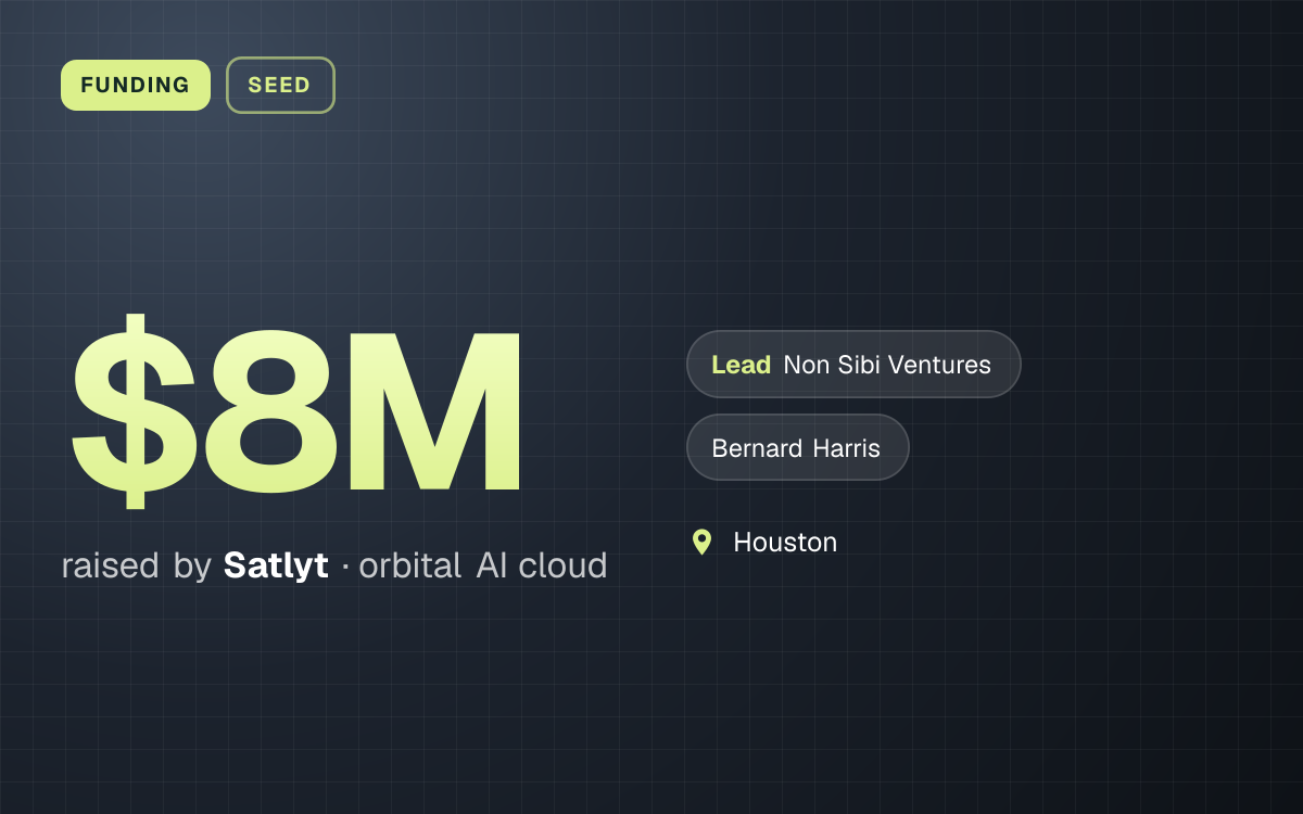 FUNDING. $8M raised by Satlyt, orbital AI cloud. led by Non Sibi Ventures, Bernard Harris. Houston.