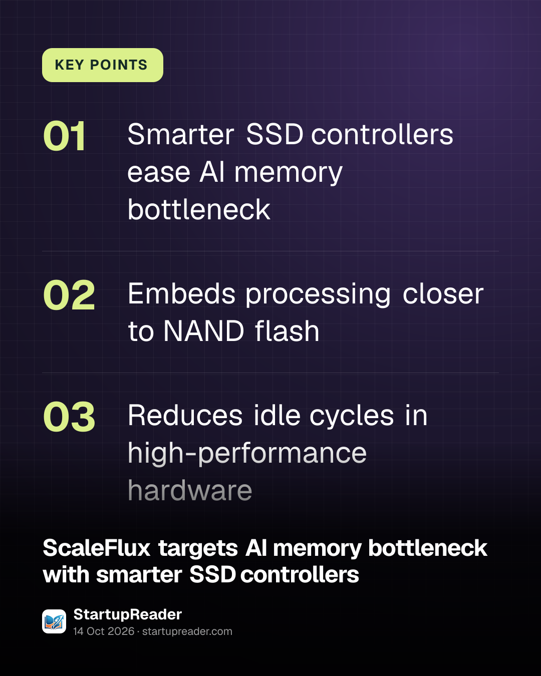 KEY POINTS. Smarter SSD controllers ease AI memory bottleneck; Embeds processing closer to NAND flash; Reduces idle cycles in high-performance hardware.