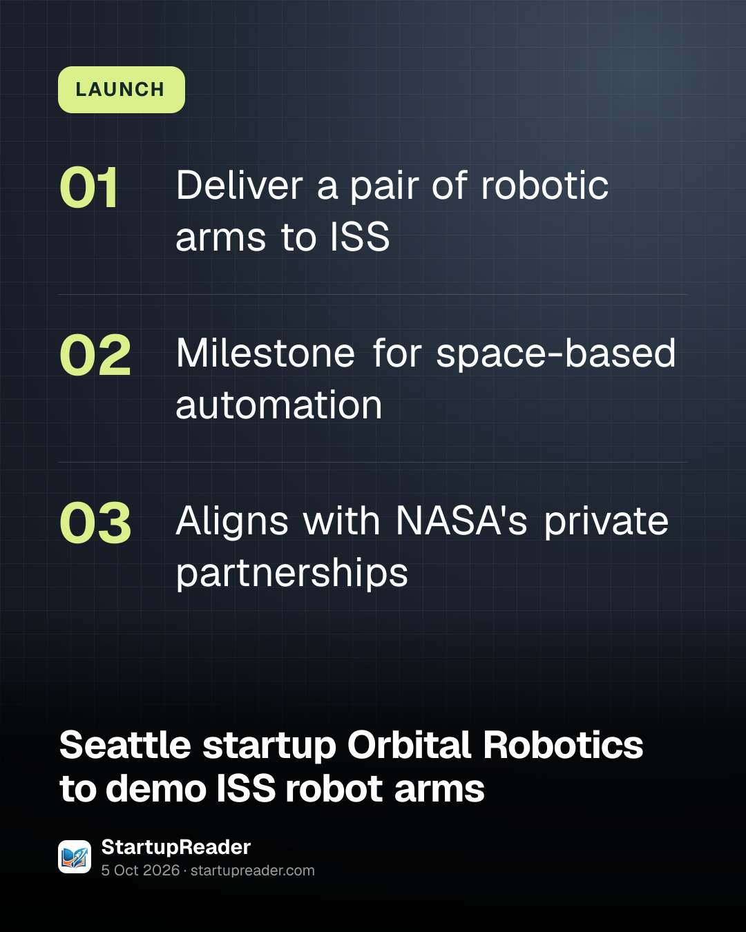 LAUNCH. Deliver a pair of robotic arms to ISS; Milestone for space-based automation; Aligns with NASA's private partnerships.